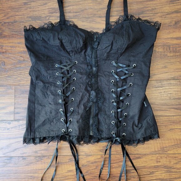 TRIPP NYC Hot Topic Skull Embroidery Zip-Up Black Ruffle Lace Corset Top sz XL - Picture 4 of 9
